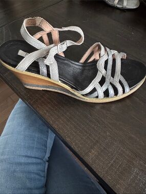 Silver Strappy Wedge Sandals for Women with Ankle Buckle